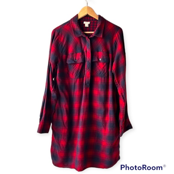 J. Crew Dresses & Skirts - J. Crew Red Flannel Long Sleeve Shirt Dress with Pockets Size Large